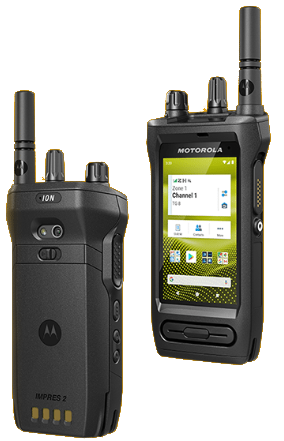 Dois aparelhos de telecomunicação estilo Walkie Talkie da Motorola edição Mototurbo.